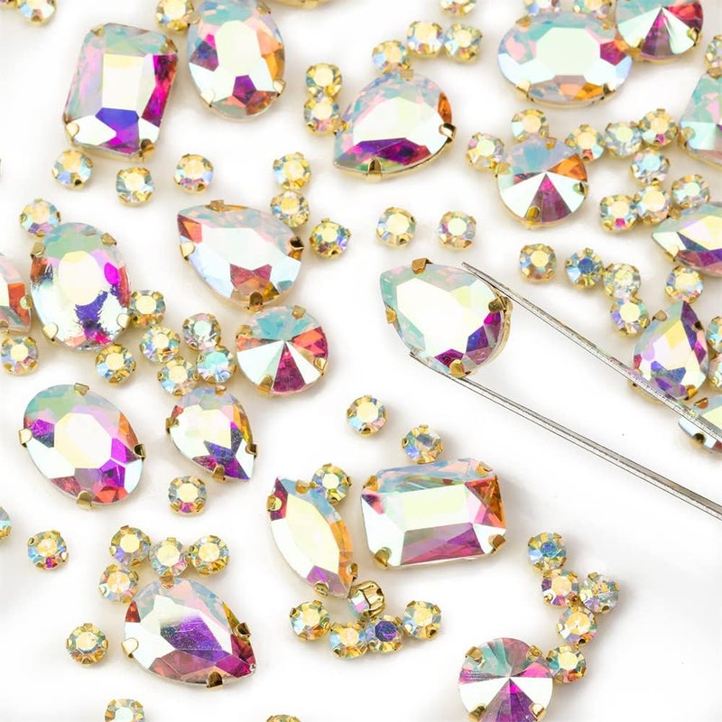 Choupee Gold Rhinestones, Sew On Rhinestones Crystal AB Glass Gems Jewels for Clothes Clothing Crafts Jewelry Making, Costume, Shoes,Dress, Garments Mixed 130PCS - Image 2