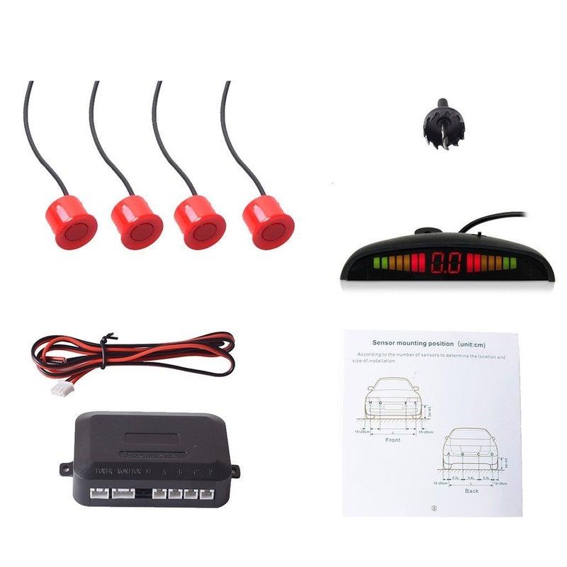 EKYLIN Car Auto Vehicle Reverse Backup Radar System with 4 Parking Sensors Distance Detection LED Distance Display Sound Warning Red Color