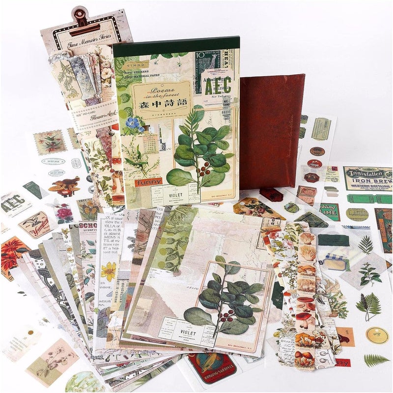 Buransh Vintage Scrapbook Stickers Papers Pack for ScrapbookingA5 Ephemera Washi Sticker Book with Collage Papers and Botanical Labels Stickers for Junk Journaling DIY Art Craft Poems In The Forest
