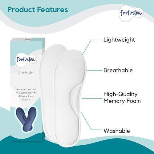 Footvital Memory Foam Shoe Insoles for Men and Women | Soft Cushioned Inserts for Long Standing and Walking | Supports Heel and Arch | Shock Absorbing | Moisture Absorbing | Lightweight Washable Insoles for All Shoes | 1 Pair | White | Size 6 - Image 2