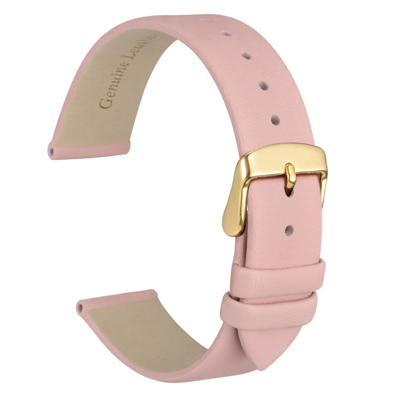 WOCCI 14mm Lug Width, Elegant Watch Band, Genuine Leather Replacement Strap with Gold Buckle (Light Pink) - Image 1