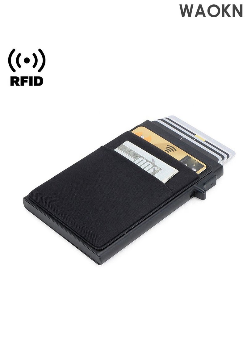 دبليو أيه أو كي أن محفظة حامل بطاقات، محفظة منبثقة بسيطة للرجال، محفظة بطاقات ائتمان رفيعة للأعمال مع جيب للنقود، حافظة بطاقات بنكية من معدن الألومنيوم بتصميم أسود للنقود والعملات المعدنية وبطاقات الائتمان - Image 1