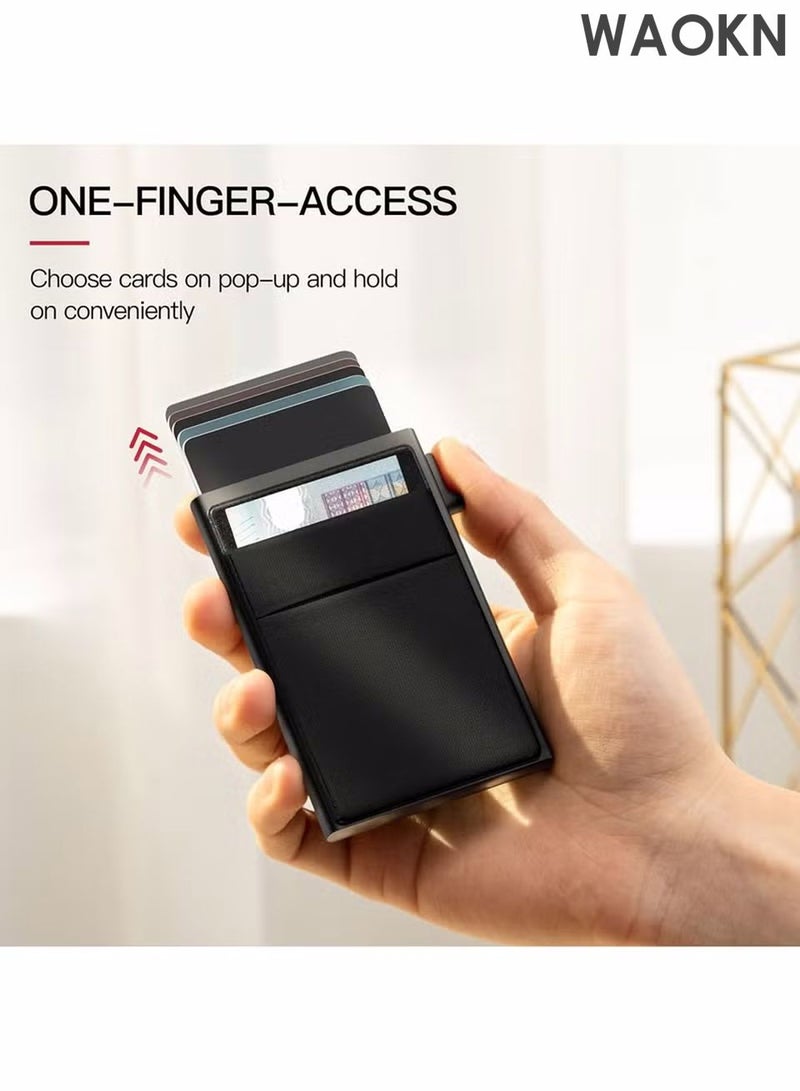 دبليو أيه أو كي أن محفظة حامل بطاقات، محفظة منبثقة بسيطة للرجال، محفظة بطاقات ائتمان رفيعة للأعمال مع جيب للنقود، حافظة بطاقات بنكية من معدن الألومنيوم بتصميم أسود للنقود والعملات المعدنية وبطاقات الائتمان - Image 2