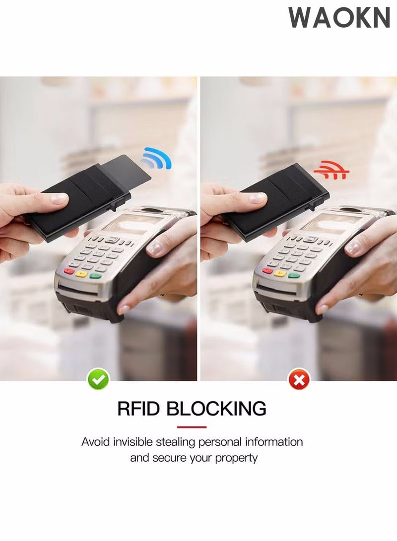 دبليو أيه أو كي أن محفظة حامل بطاقات، محفظة منبثقة بسيطة للرجال، محفظة بطاقات ائتمان رفيعة للأعمال مع جيب للنقود، حافظة بطاقات بنكية من معدن الألومنيوم بتصميم أسود للنقود والعملات المعدنية وبطاقات الائتمان - Image 3