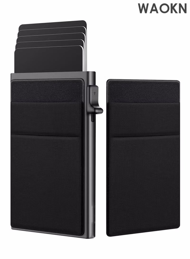 دبليو أيه أو كي أن محفظة حامل بطاقات، محفظة منبثقة بسيطة للرجال، محفظة بطاقات ائتمان رفيعة للأعمال مع جيب للنقود، حافظة بطاقات بنكية من معدن الألومنيوم بتصميم أسود للنقود والعملات المعدنية وبطاقات الائتمان - Image 5