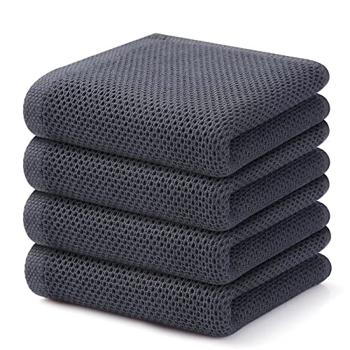 Kitinjoy 100% Cotton Waffle Weave Kitchen Towels, 4-Pack Super Soft and Absorbent Dish Towels for Drying Dishes, Kitchen Hand Towels, 13 in x 28 in, Dark Grey - Image 1