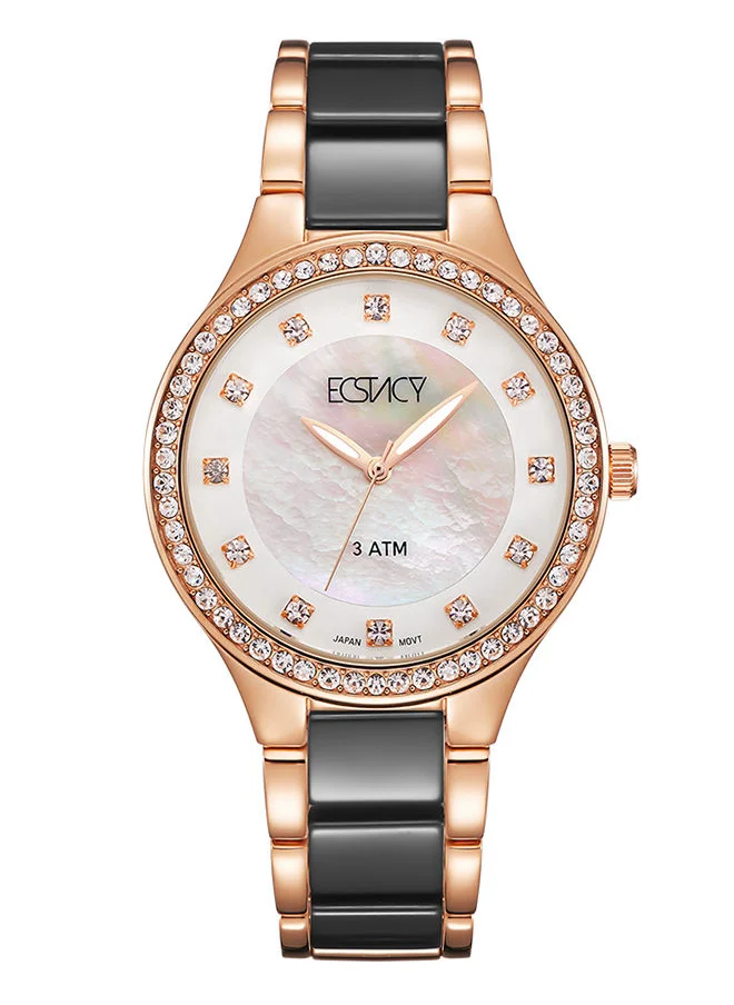 ECSTACY Ceramic Strap Round Shape Analog Wrist Watch E9511-KCBM - 36mm - Rose gold /black