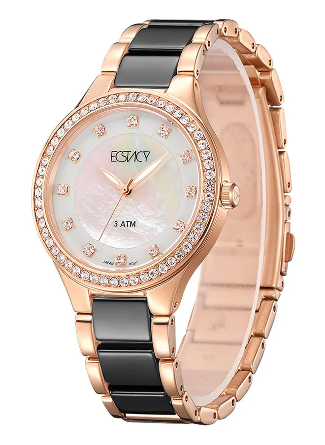 ECSTACY Ceramic Strap Round Shape Analog Wrist Watch E9511-KCBM - 36mm - Rose gold /black