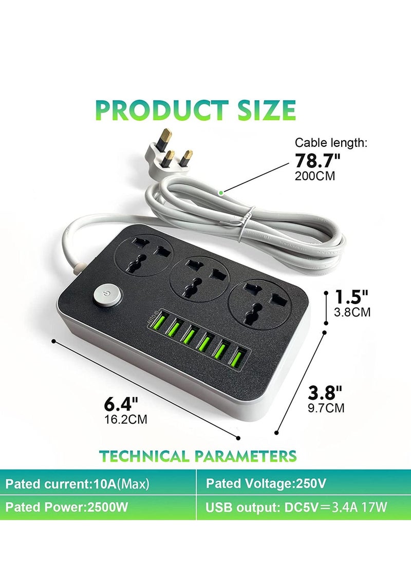 Generic Power Strips Extension Cord 3 Outlets, Power Socket with 6 USB Ports Universal Charging Socket with 2M Bold Extension Cord  - Image 3
