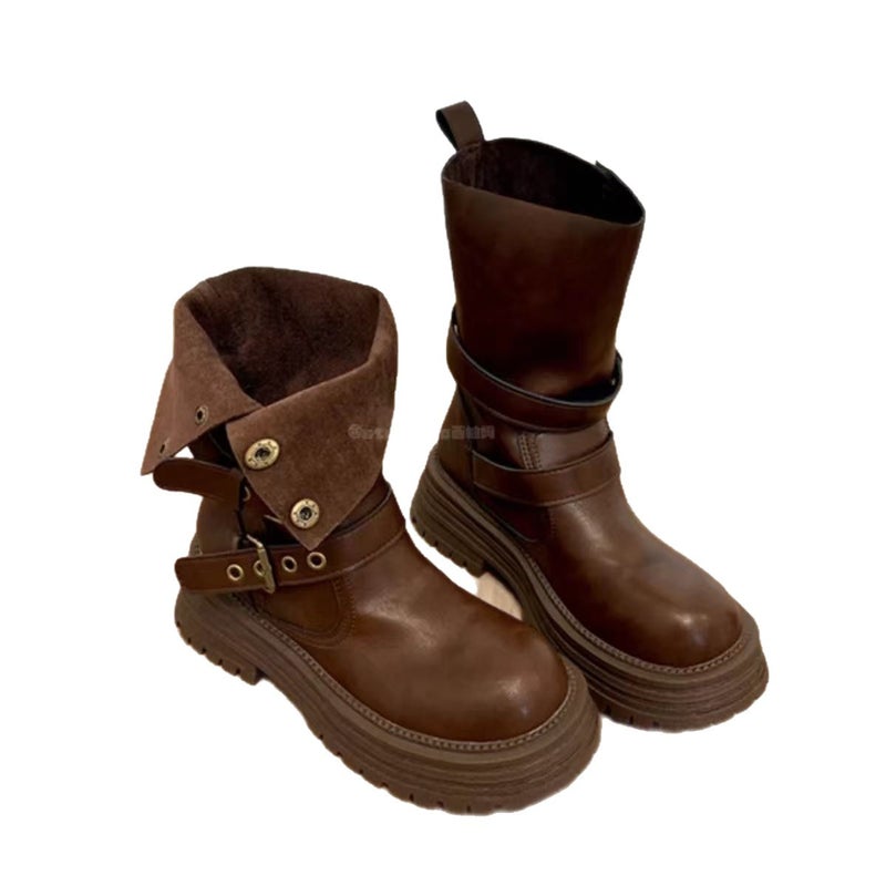 Sheepskin Version ~ Brown Martin Boots With Hidden Height Increase For Women, Retro Melard Two-Way Wear Thick-Soled Short Boots - Image 5
