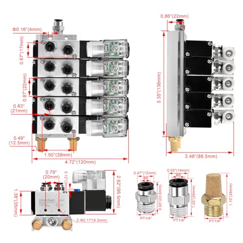 Heschen Electrical Pneumatic 5 Solenoid Valve 4V210-08, PT1/4'' Port, DC24V Coil, Single Coil Pilot-Operated Electric, 2 Position 5 Way, Manifold Base Muffler Quick Fittings Set - Image 2