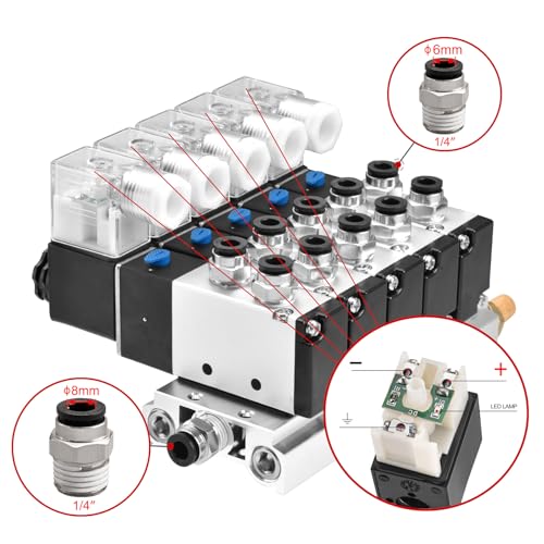 Heschen Electrical Pneumatic 5 Solenoid Valve 4V210-08, PT1/4'' Port, DC24V Coil, Single Coil Pilot-Operated Electric, 2 Position 5 Way, Manifold Base Muffler Quick Fittings Set - Image 5