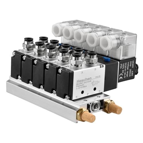Heschen Electrical Pneumatic 5 Solenoid Valve 4V210-08, PT1/4'' Port, DC24V Coil, Single Coil Pilot-Operated Electric, 2 Position 5 Way, Manifold Base Muffler Quick Fittings Set - Image 1