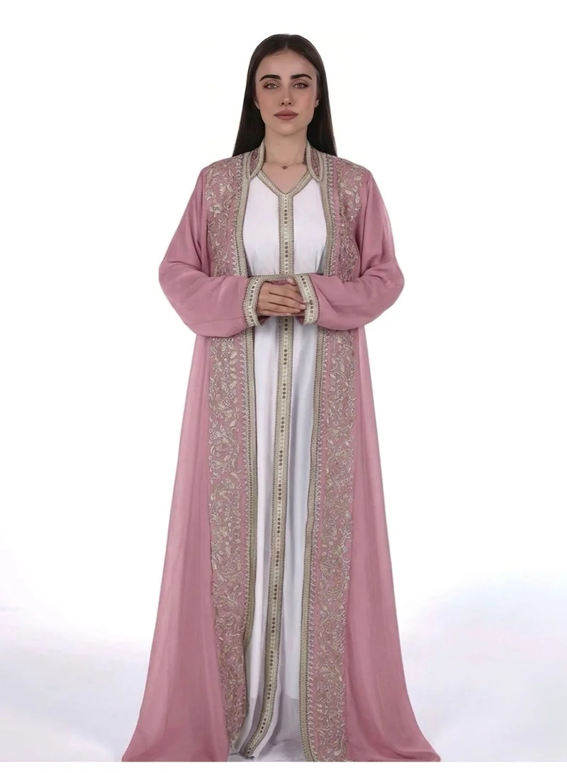 emboidered belted chiffon kaftan dress