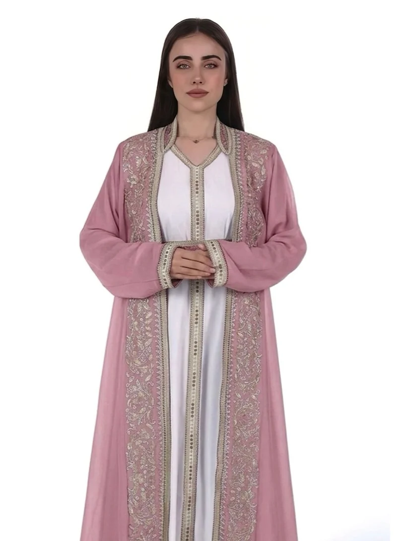 AL BENT AL SHARQIEH pink emboidered belted chiffon kaftan dress for Women | Best Price UAE