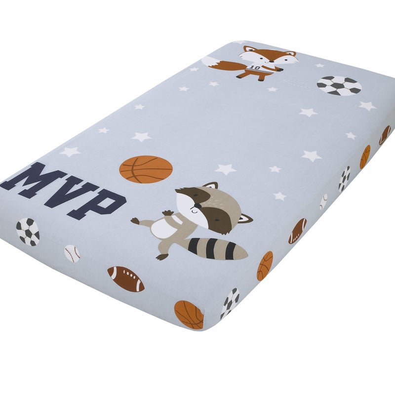 NoJo Team All Star Light Blue Grey Orange MVP Fox Raccoon Sports Theme with White Stars Photo Op 100 Cotton Fitted Crib Sheet Light Blue Grey Orange