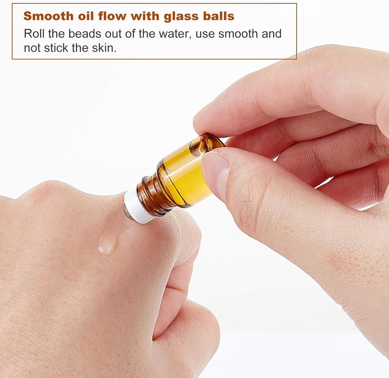 BENECREAT 30 Pack 2 ml Amber Glass Roll Bottle with Black Cap Mini Brown Essential Oil Roll on Bottle with 4 Funnels, 1 Opener, 10 Pieces 3 ml Dropper and 1 Sheet of Sticker for Perfume - Image 3