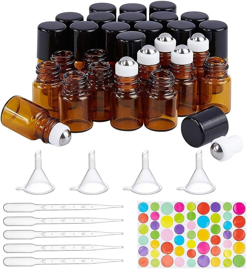 BENECREAT 30 Pack 2 ml Amber Glass Roll Bottle with Black Cap Mini Brown Essential Oil Roll on Bottle with 4 Funnels, 1 Opener, 10 Pieces 3 ml Dropper and 1 Sheet of Sticker for Perfume - Image 1