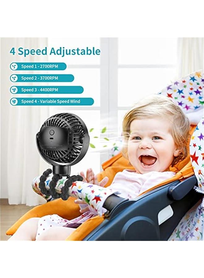 Gonice Portable Stroller Fan, 4000mAh Small Battery Operated Baby Fan, 4 Speeds Car Seat Fan with Flexible Tripod, Dual 360° Rotatable, for Peloton Bike, Crib, Treadmill, Travel (Black) - Image 2