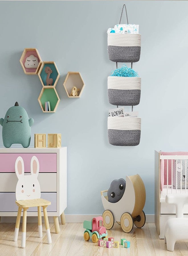 Gleckn Small Basket Cotton Rope Basket With Cat Ears Little Storage Baskets For Organizing Bins Organizer Wicker Nursery Room For Kids Baby Dog Toy Drawer Gifts 9.5"X8.5"X4" (White+Navy, 3-Tier) - Image 4