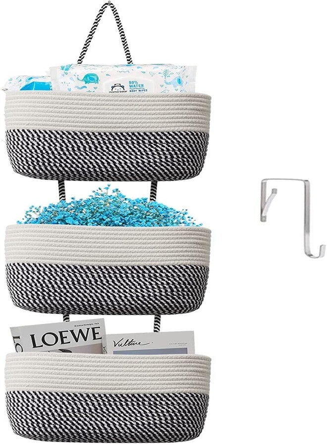 Gleckn Small Basket Cotton Rope Basket With Cat Ears Little Storage Baskets For Organizing Bins Organizer Wicker Nursery Room For Kids Baby Dog Toy Drawer Gifts 9.5"X8.5"X4" (White+Navy, 3-Tier) - Image 1