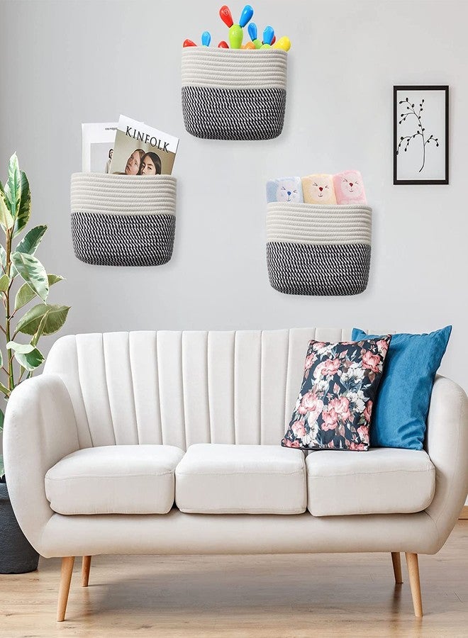Gleckn Small Basket Cotton Rope Basket With Cat Ears Little Storage Baskets For Organizing Bins Organizer Wicker Nursery Room For Kids Baby Dog Toy Drawer Gifts 9.5"X8.5"X4" (White+Navy, 3-Tier) - Image 5