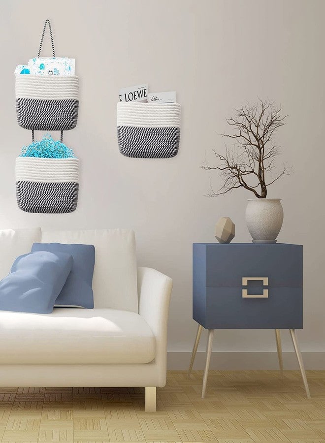 Gleckn Small Basket Cotton Rope Basket With Cat Ears Little Storage Baskets For Organizing Bins Organizer Wicker Nursery Room For Kids Baby Dog Toy Drawer Gifts 9.5"X8.5"X4" (White+Navy, 3-Tier) - Image 3