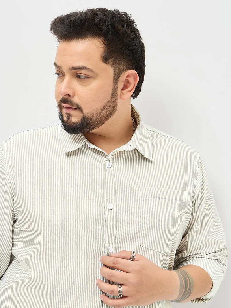 Urbano Fashion  Urbano Plus Men's Light Olive Cotton Full Sleeve Regular Fit Casual Striped Shirt  | Best Price UAE