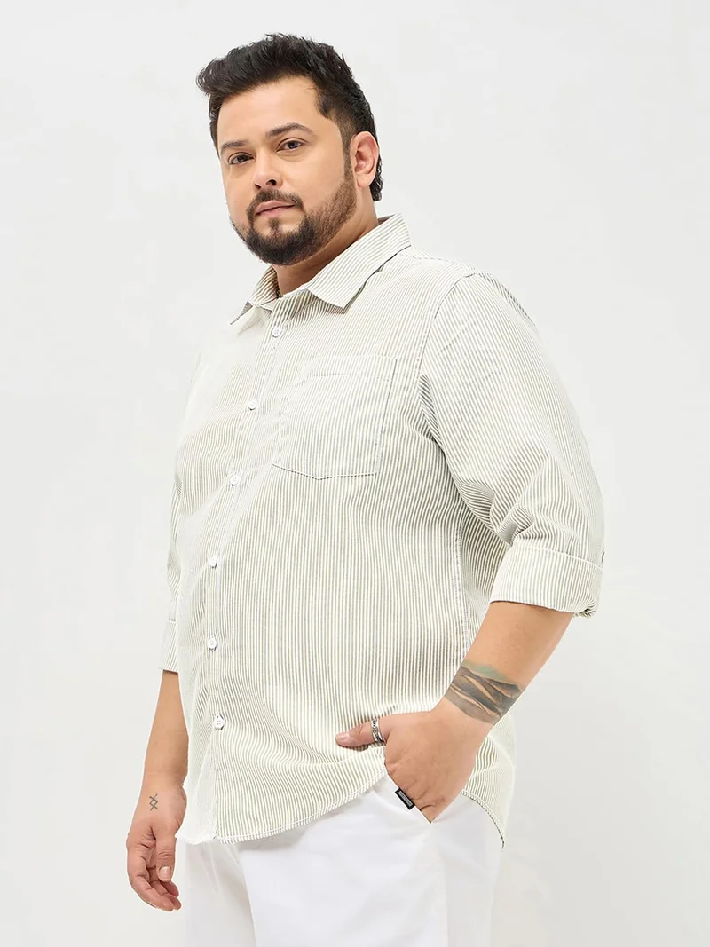 Urbano Fashion  Urbano Plus Men's Light Olive Cotton Full Sleeve Regular Fit Casual Striped Shirt  | Best Price UAE