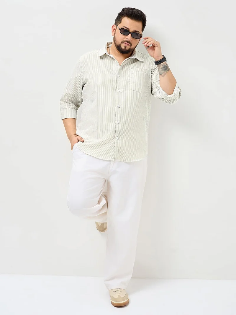 Urbano Fashion  Urbano Plus Men's Light Olive Cotton Full Sleeve Regular Fit Casual Striped Shirt  | Best Price UAE