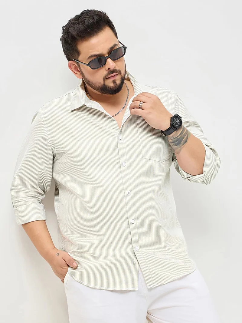 Urbano Plus Men's Light Olive Cotton Full Sleeve Regular Fit Casual Striped Shirt