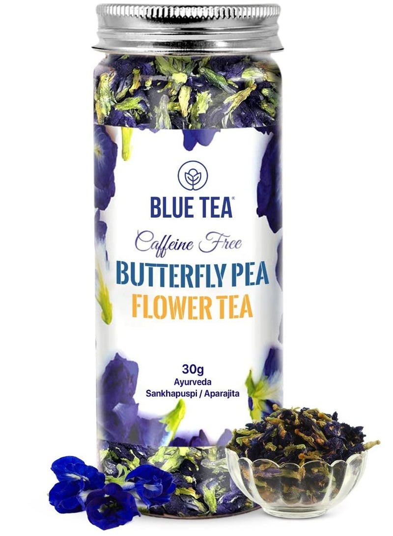 BLUE TEA - Butterfly Pea Flower Tea 30gm 60 Cups SUPER ANTIOXIDANT Caffeine Free Aparajita Shankhpushpi Flower Based Herbal Tea Non GMO Vegan Featured In Shark Tank Reusable Pet Jar - Image 1