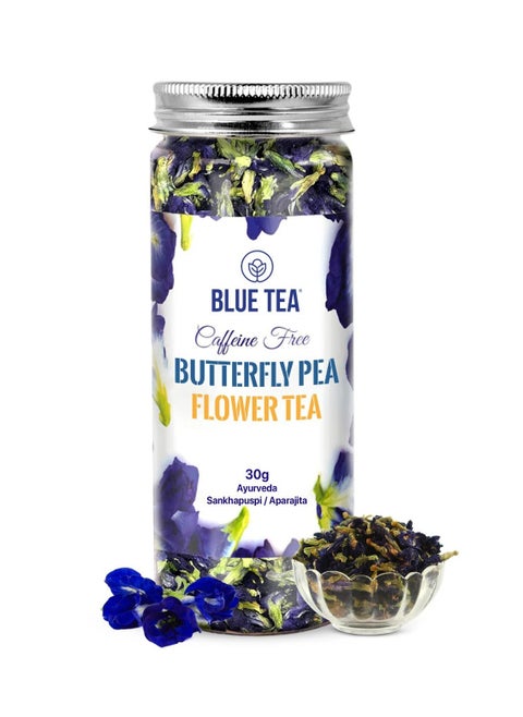 BLUE TEA - Butterfly Pea Flower Tea 30gm 60 Cups SUPER ANTIOXIDANT Caffeine Free Aparajita Shankhpushpi Flower Based Herbal Tea Non GMO Vegan Featured In Shark Tank Reusable Pet Jar