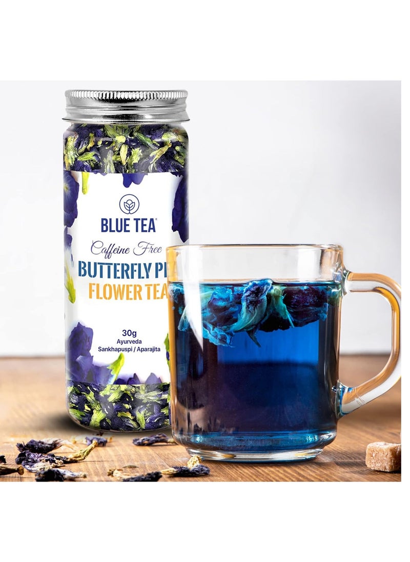 BLUE TEA - Butterfly Pea Flower Tea 30gm 60 Cups SUPER ANTIOXIDANT Caffeine Free Aparajita Shankhpushpi Flower Based Herbal Tea Non GMO Vegan Featured In Shark Tank Reusable Pet Jar