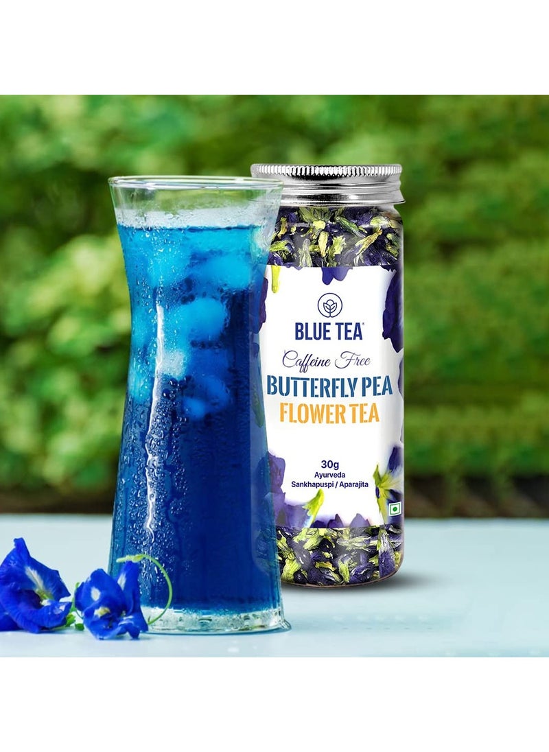 BLUE TEA - Butterfly Pea Flower Tea 30gm 60 Cups SUPER ANTIOXIDANT Caffeine Free Aparajita Shankhpushpi Flower Based Herbal Tea Non GMO Vegan Featured In Shark Tank Reusable Pet Jar