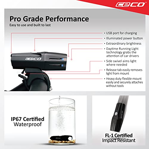 CECO-USA: 1,200 Lumen USB Rechargeable Bicycle Headlight – FLEXIBLE MOUNT VERSION- Tough & Durable IP67 Waterproof & FL-1 Impact Resistant– Super Bright Model F1200– For Commuter, Road, Mountain Bikes - Image 5