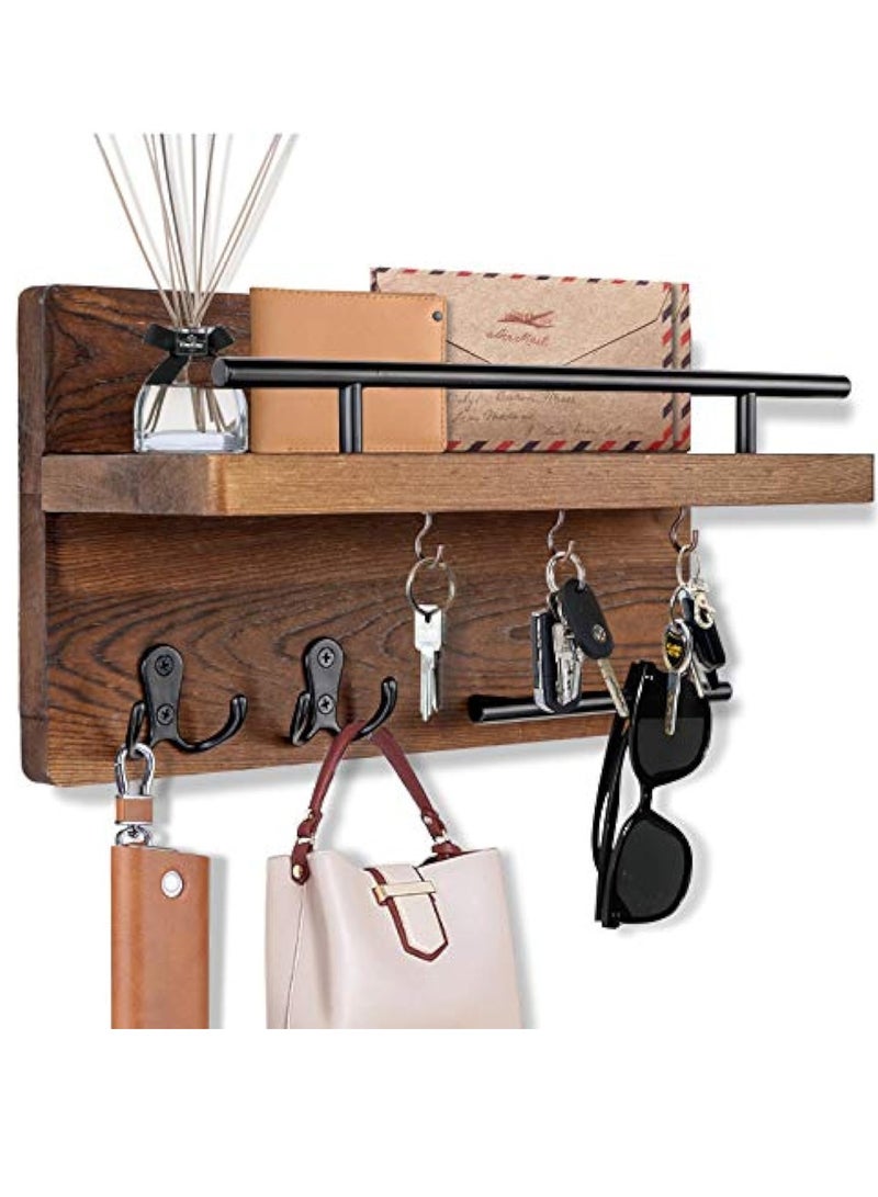 Arabest Wall Mounted Key Holder/Hangers for Wall Decorative with 5 Key Hooks, Wooden Mail Rack Organizer with Shelf, Rustic Home Decor for Entryway Mudroom Hallway Office, Brown - Image 1