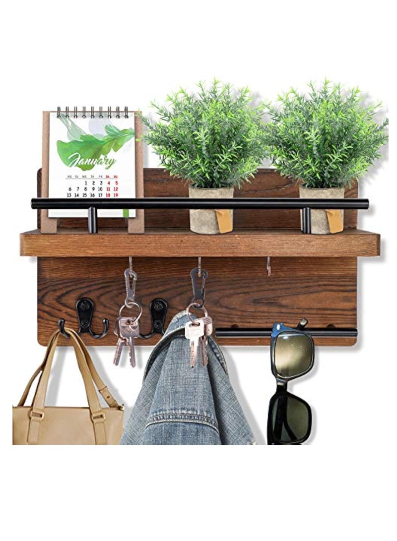 Arabest Wall Mounted Key Holder/Hangers for Wall Decorative with 5 Key Hooks, Wooden Mail Rack Organizer with Shelf, Rustic Home Decor for Entryway Mudroom Hallway Office, Brown - Image 2