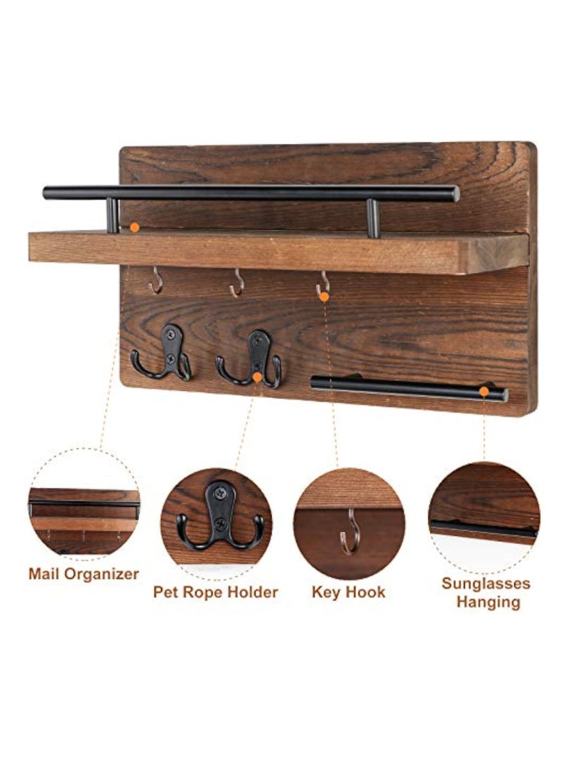 Arabest Wall Mounted Key Holder/Hangers for Wall Decorative with 5 Key Hooks, Wooden Mail Rack Organizer with Shelf, Rustic Home Decor for Entryway Mudroom Hallway Office, Brown - Image 3