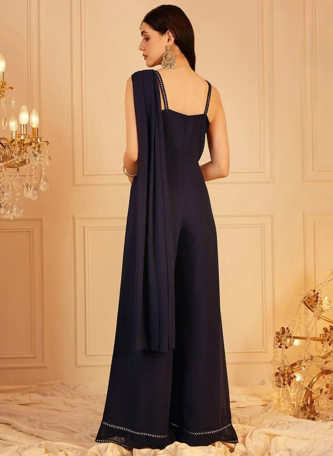 Indo Street Navy Blue Self Design Basic Jumpsuit for Women
