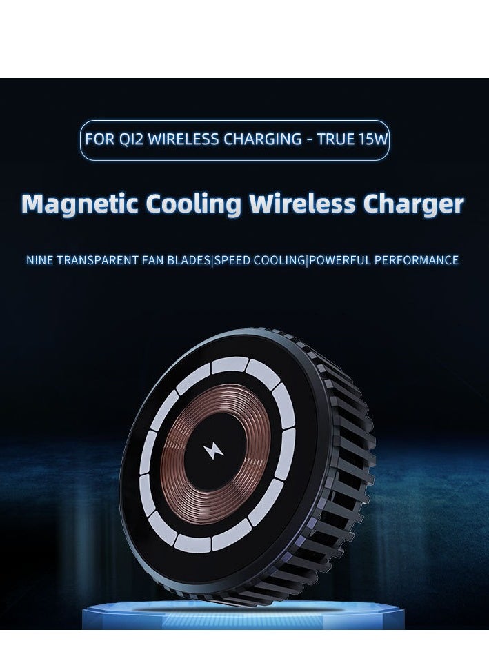 Qi2 Compatible Wireless Charger - 15W Magsafe Fast Charging Adapter for iPhone 12/13/14/15 Series, Dual-Magnet Design with Transparent Faceplate and Built-in Cooling Fan