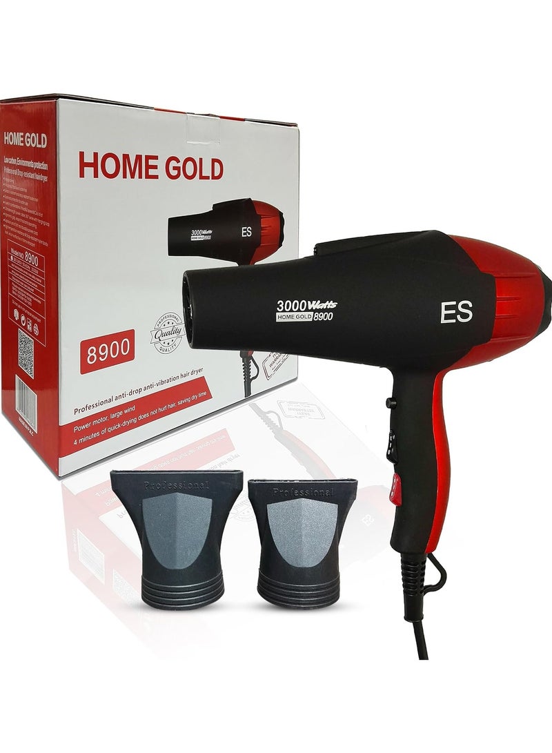 Home Gold Professional Anti-Fall Hair Dryer - Power 3000 Fast Dry Safe Features Customizable Settings Comfortable 8900 Black Red - Image 1