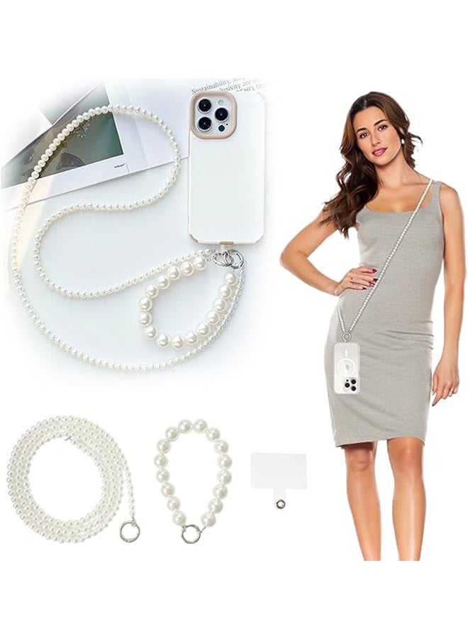 2Pcs Pearl & Beaded Phone Crossbody Lanyard with Wrist Strap,Universal Cell Phone Lanyard and Crossbody Phone Strap for Women,Chain,Includes 1 Tether Tab,for Most Phones, Bags,and Purses - Image 1