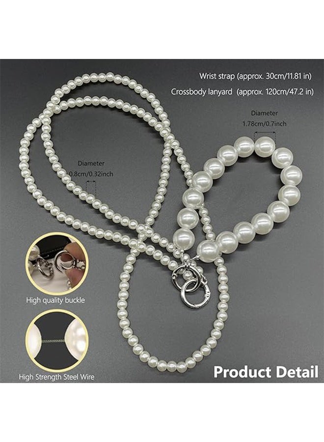 2Pcs Pearl & Beaded Phone Crossbody Lanyard with Wrist Strap,Universal Cell Phone Lanyard and Crossbody Phone Strap for Women,Chain,Includes 1 Tether Tab,for Most Phones, Bags,and Purses - Image 3