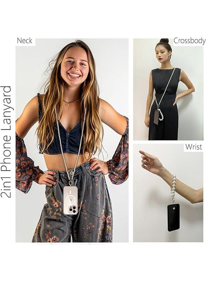 2Pcs Pearl & Beaded Phone Crossbody Lanyard with Wrist Strap,Universal Cell Phone Lanyard and Crossbody Phone Strap for Women,Chain,Includes 1 Tether Tab,for Most Phones, Bags,and Purses - Image 2