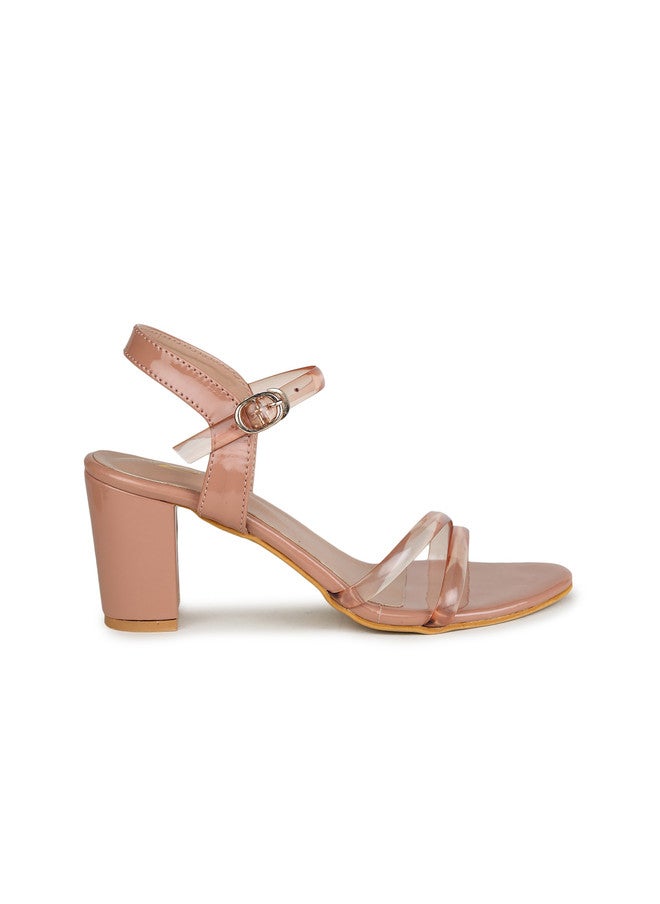 She Zone كعب بلوك مفتوح من الأمام بحزام للنساء باللون الخوخي - Image 4