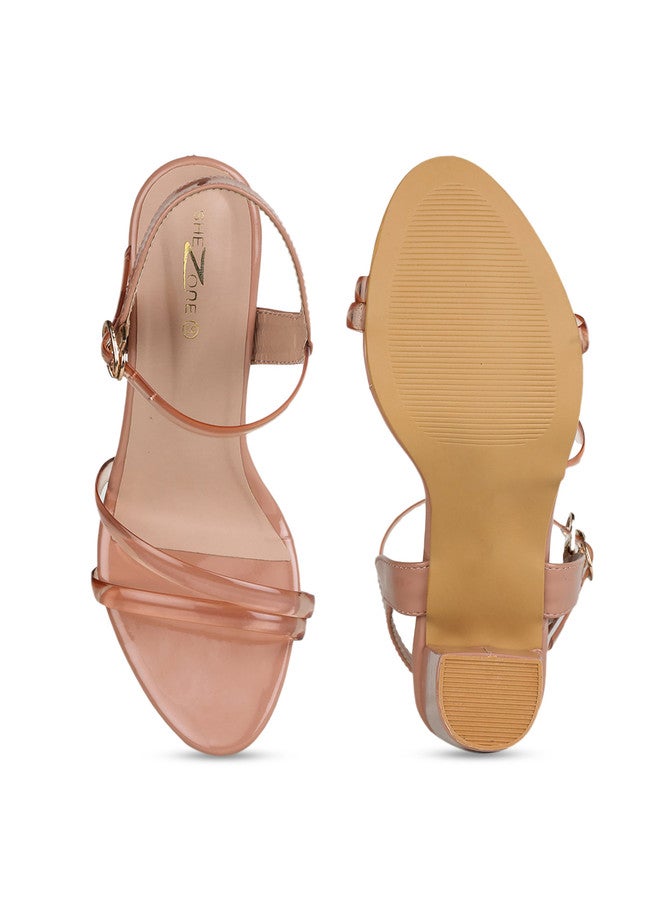 She Zone كعب بلوك مفتوح من الأمام بحزام للنساء باللون الخوخي - Image 5