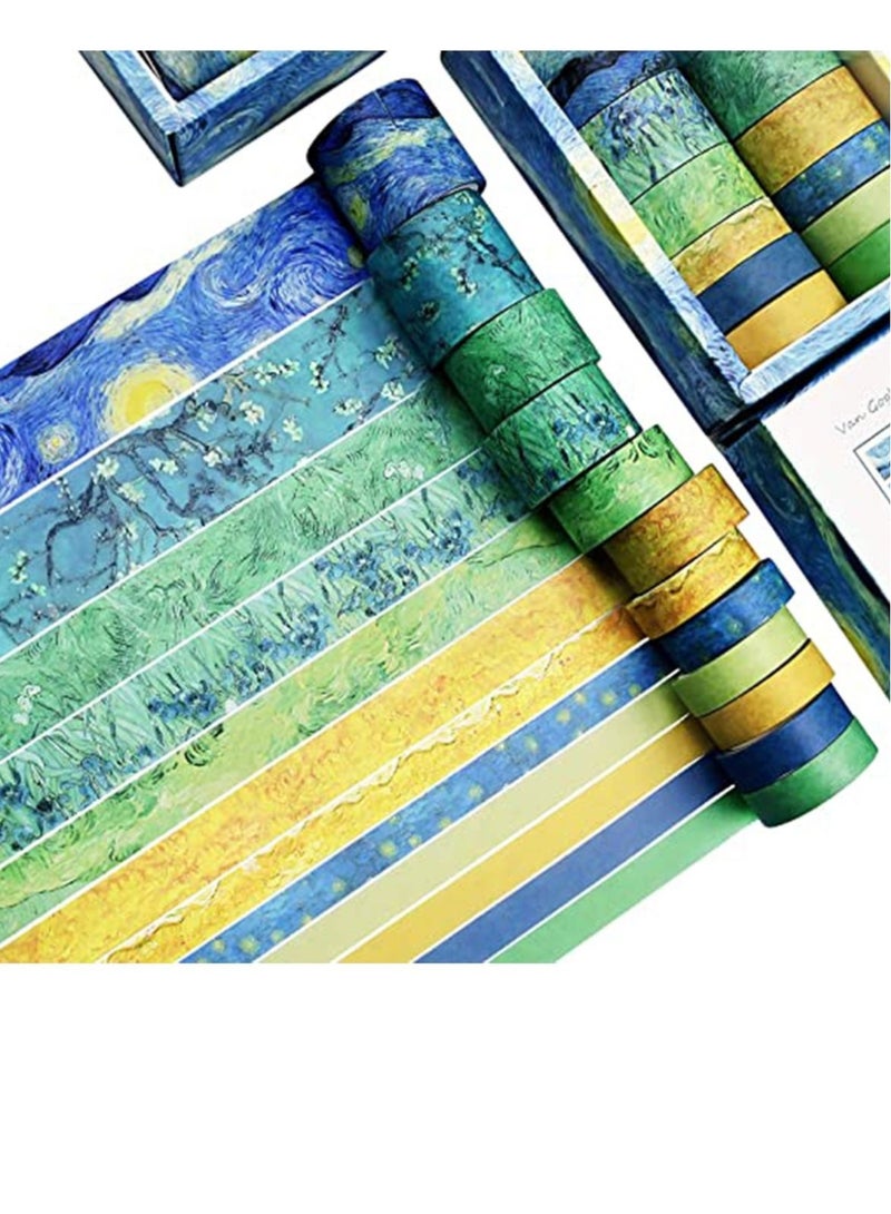 Captaintech Van Gogh Starry Night, DIY Crafts, Washi Tape Set of 12 Rolls, Decorative Green Leaves Floral Blue Yellow Washi Masking Tape Sets for Craft, Kids, Scrapbook, Diary, DIY, Gift Wrapping - Image 1