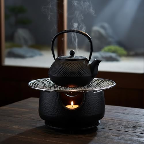 SECHUDO Cast Iron Teapot Warmer with Candle, Small Heavy Charcoal Stove for Tea Pot, Tea Kettle Warmer Set with Trivet, Barbecue Grill, ​Hibachi with 18/8 Stainless Steel Mesh - Image 2