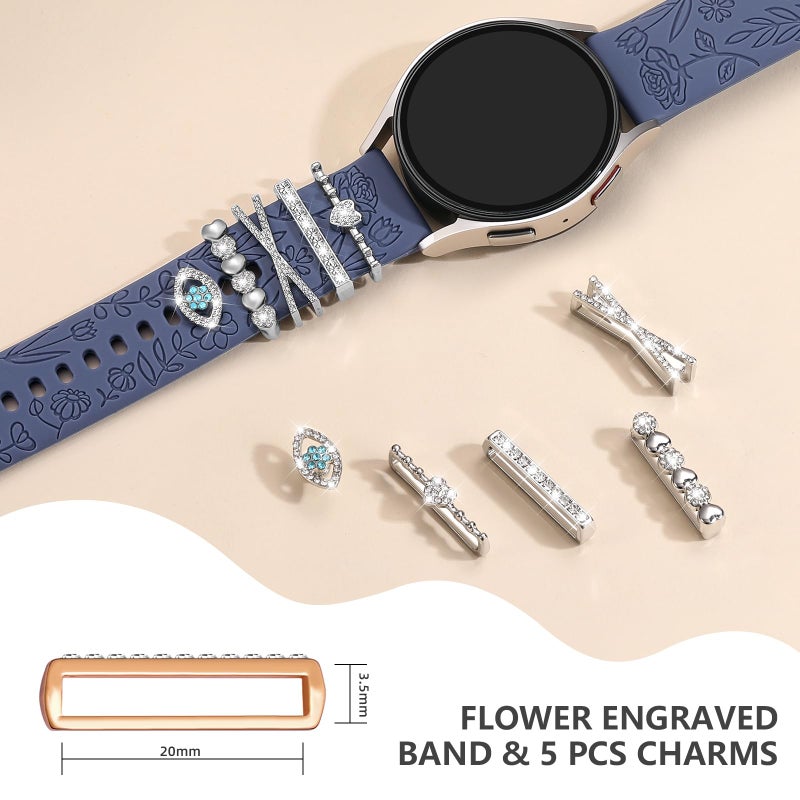 DaQin Flower Engraved Band Compatible with Samsung Galaxy Watch 7 Band/FE 6 5 4 40mm 44mm,Galaxy Active 2, 20mm Watch Band Soft Silicone Replacement Strap with Decorative Charms Accessories Women - Image 4